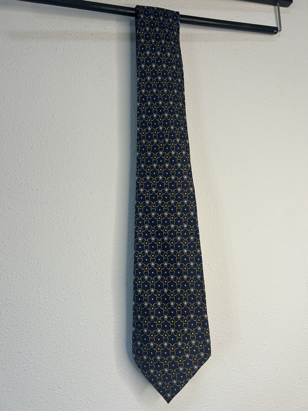 Hermes Navy Silk Tie with Gold Chain-Link Motif